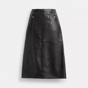 Coach Outlet Heritage C Long Leather Skirt Black CM306