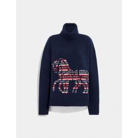 Coach HORSE AND CARRIAGE INTARSIA TURTLENECK SWEATER IN RECYCLED WOOL AND CASHMERE C7918 NAV